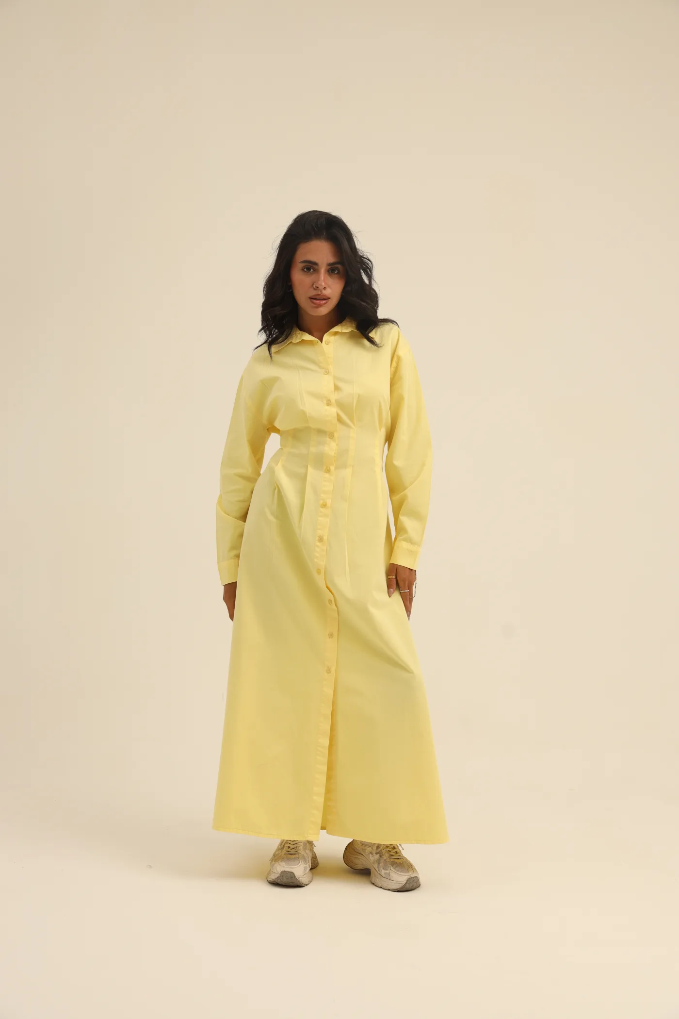 Gabardine Dress with Pleats and a Belt