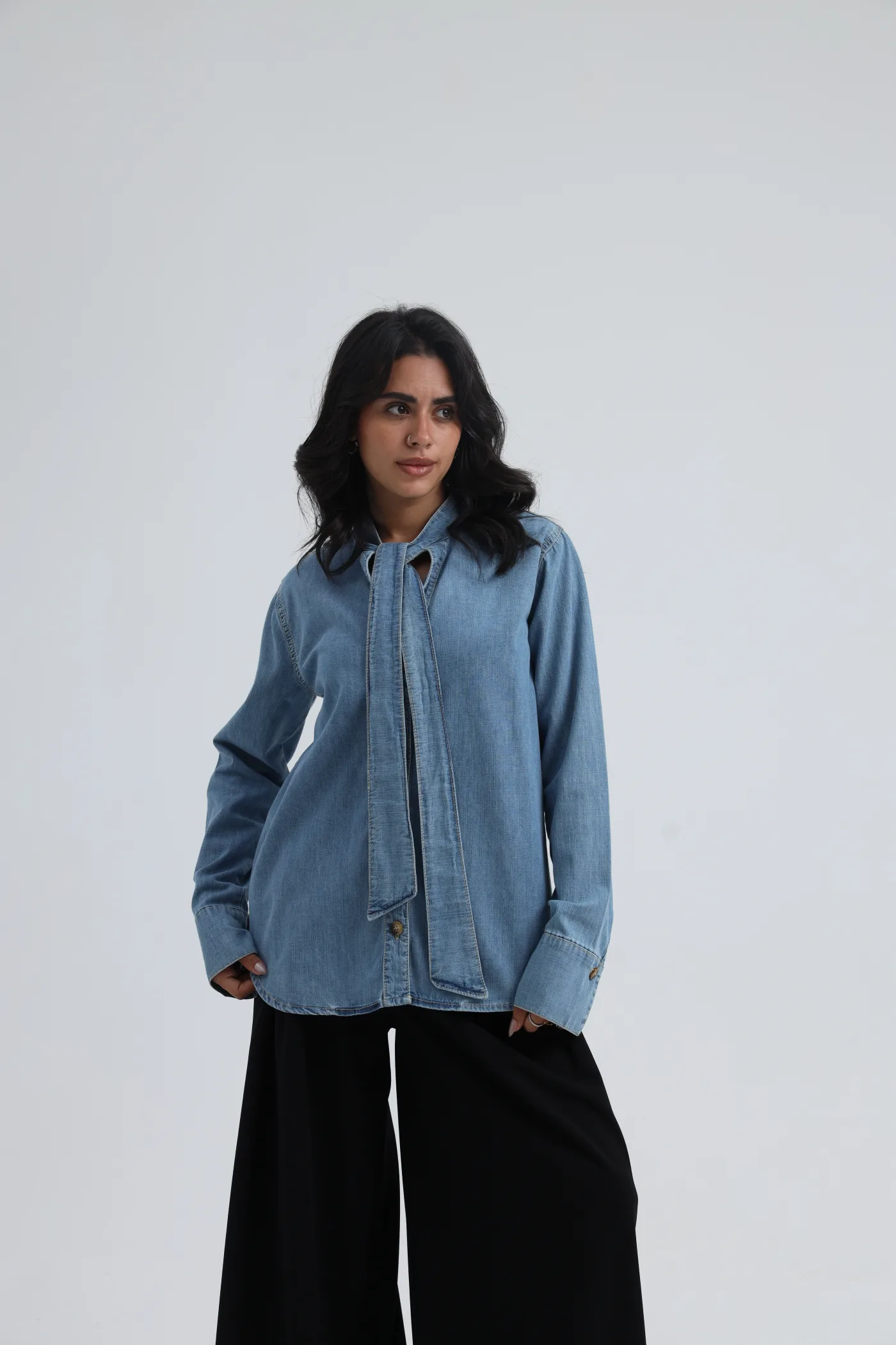 Denim Shirt with a Tie Collar