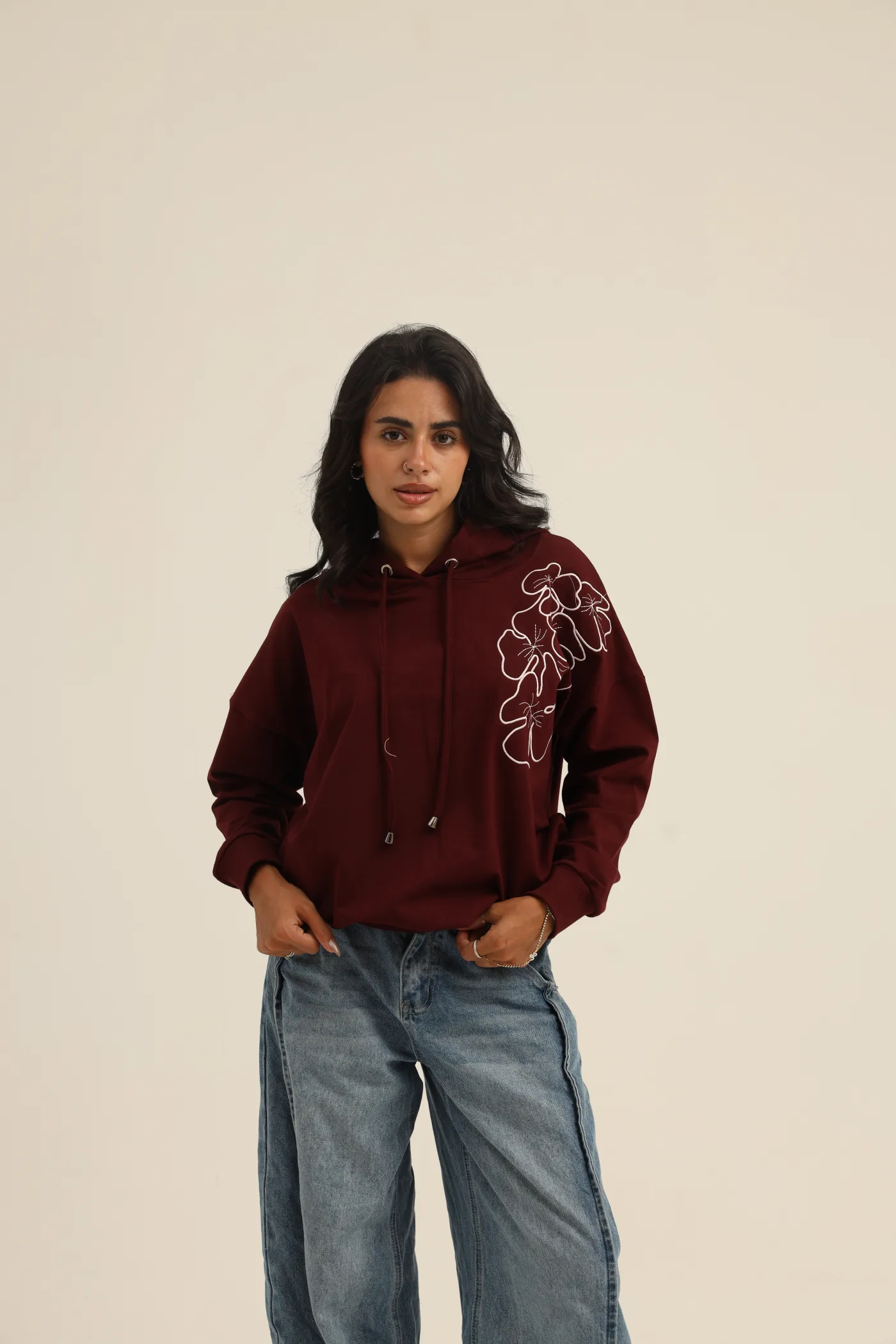 Embroidered Melton Hoodie with a Rose Design